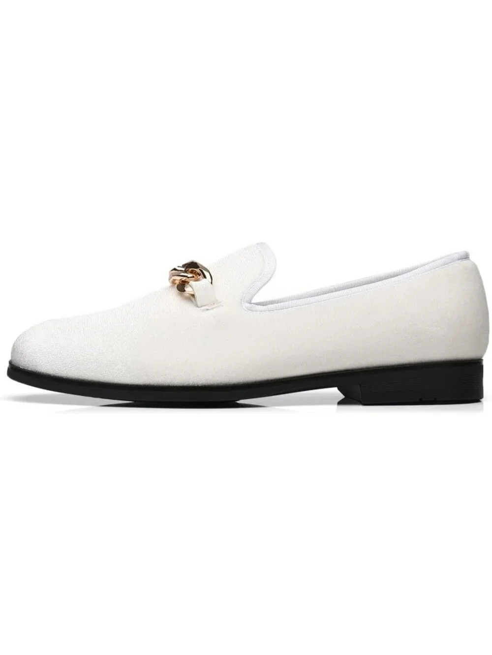 FOEVTRUE Men's White Velvet Loafers Gold Chain Buckle Slip On Fashion Shoes